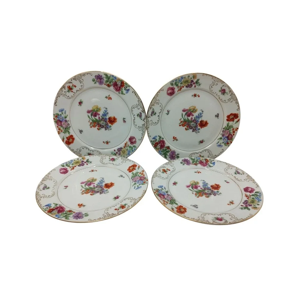 Vintage SGK China Salad Plate Floral Pattern‎ Gold Trim Scroll Set of Four